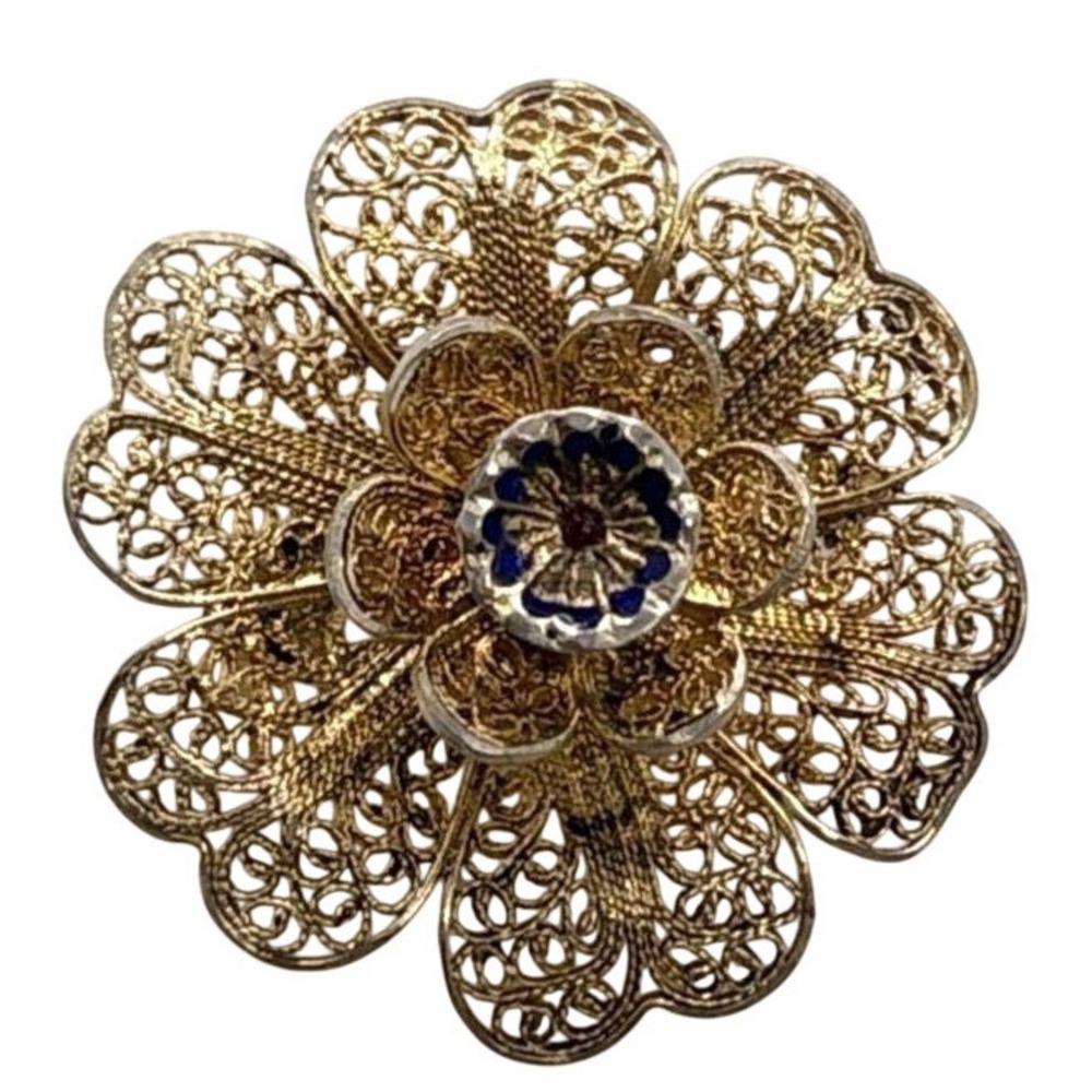 Vintage Gold Washed 800 Silver Spun Flower Enamel Accent Brooch Pin‎ 2.8g Ornate